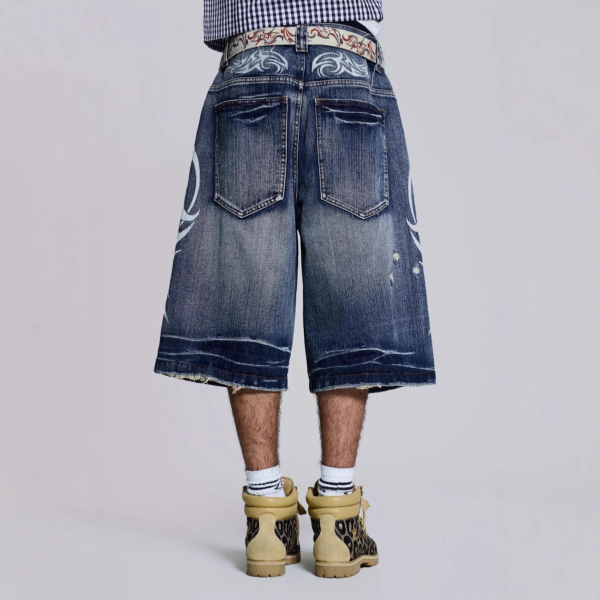 Trendy High Street Denim Shorts - Jaded Same Style Totem Print Ripped Wide Leg Pants