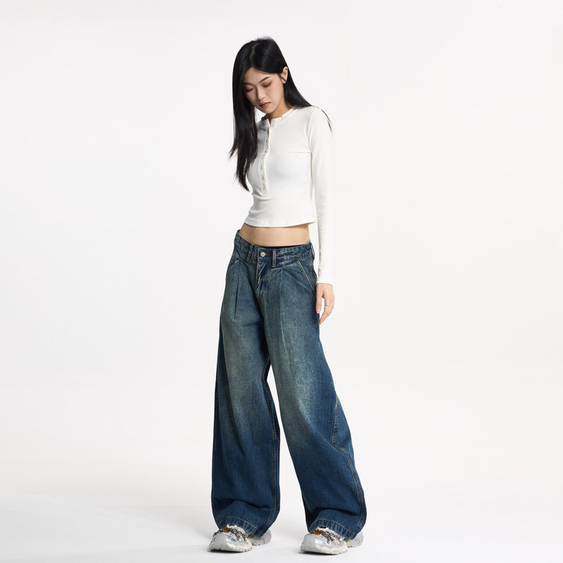 Pleated Wide-Leg Loose Denim Pants - Unisex Designer Style