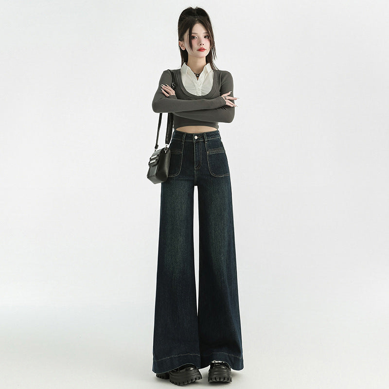 Wide-Leg Denim Pants for Women - Low Waist Loose Flared Trousers