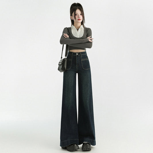 Wide-Leg Denim Pants for Women - Low Waist Loose Flared Trousers