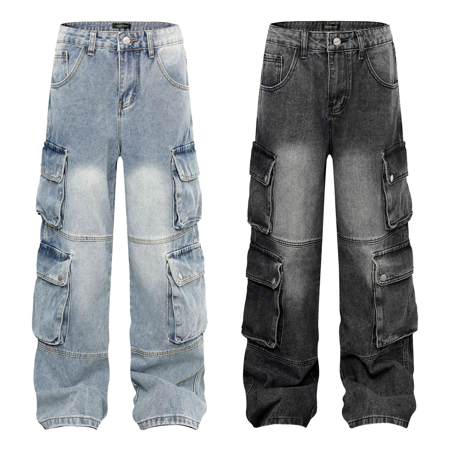 High Street Washed Vintage Multi-Pocket Denim Work Pants - Unisex Loose Wide-Leg Tactical Trousers