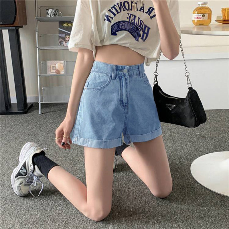Casual Versatile Denim Shorts for Women - High Waist Slimming A-line Cuffed Style