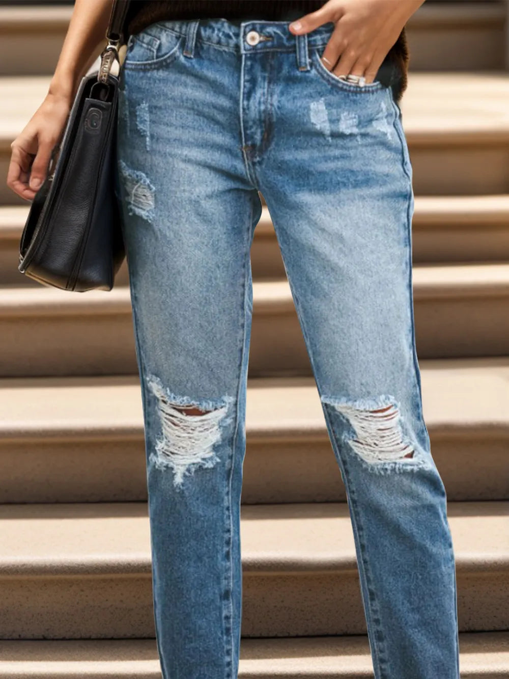 Premium Distressed Raw Hem Jeans with Pockets