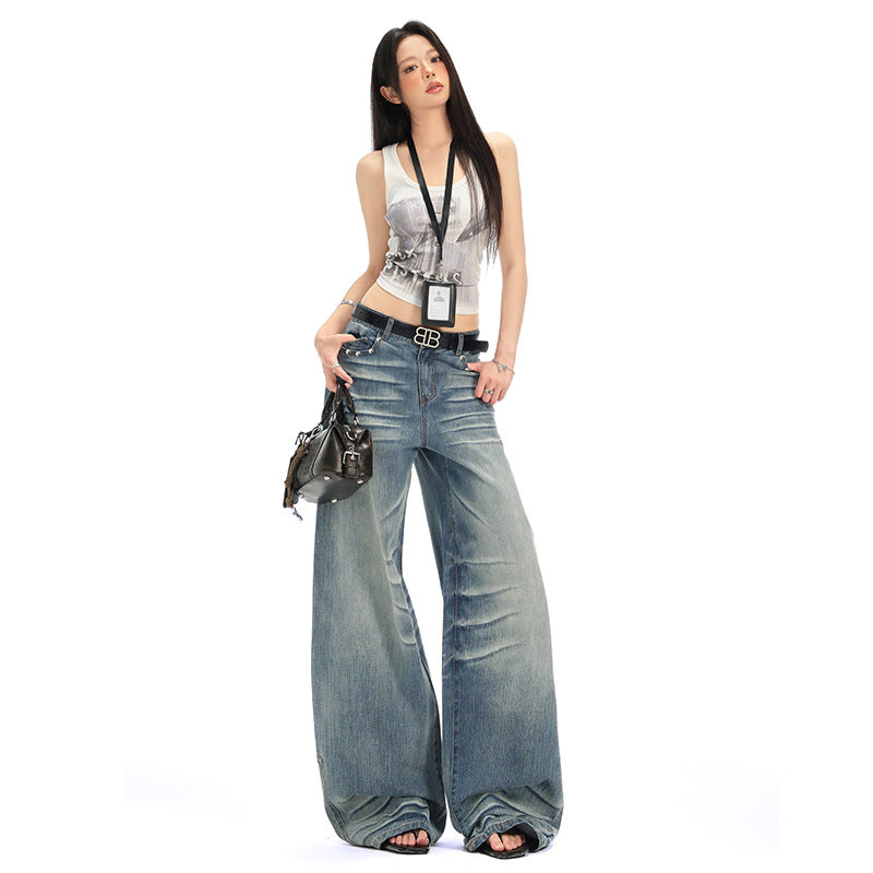 Retro Spicy Girl Washed Pleated Wide-Leg Jeans