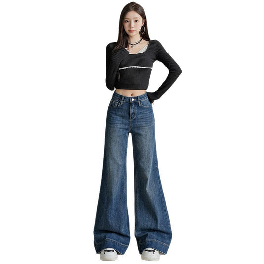 High Waist Elastic Slim Fit Straight Flare Jeans for Women