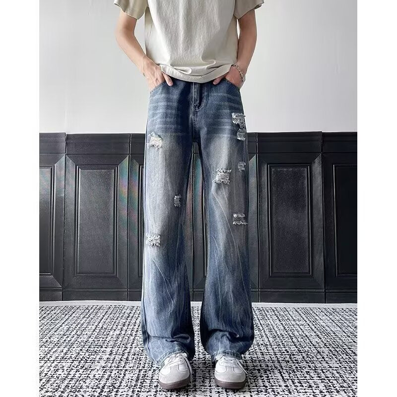 Men's Ripped Loose Straight Leg Denim Jeans