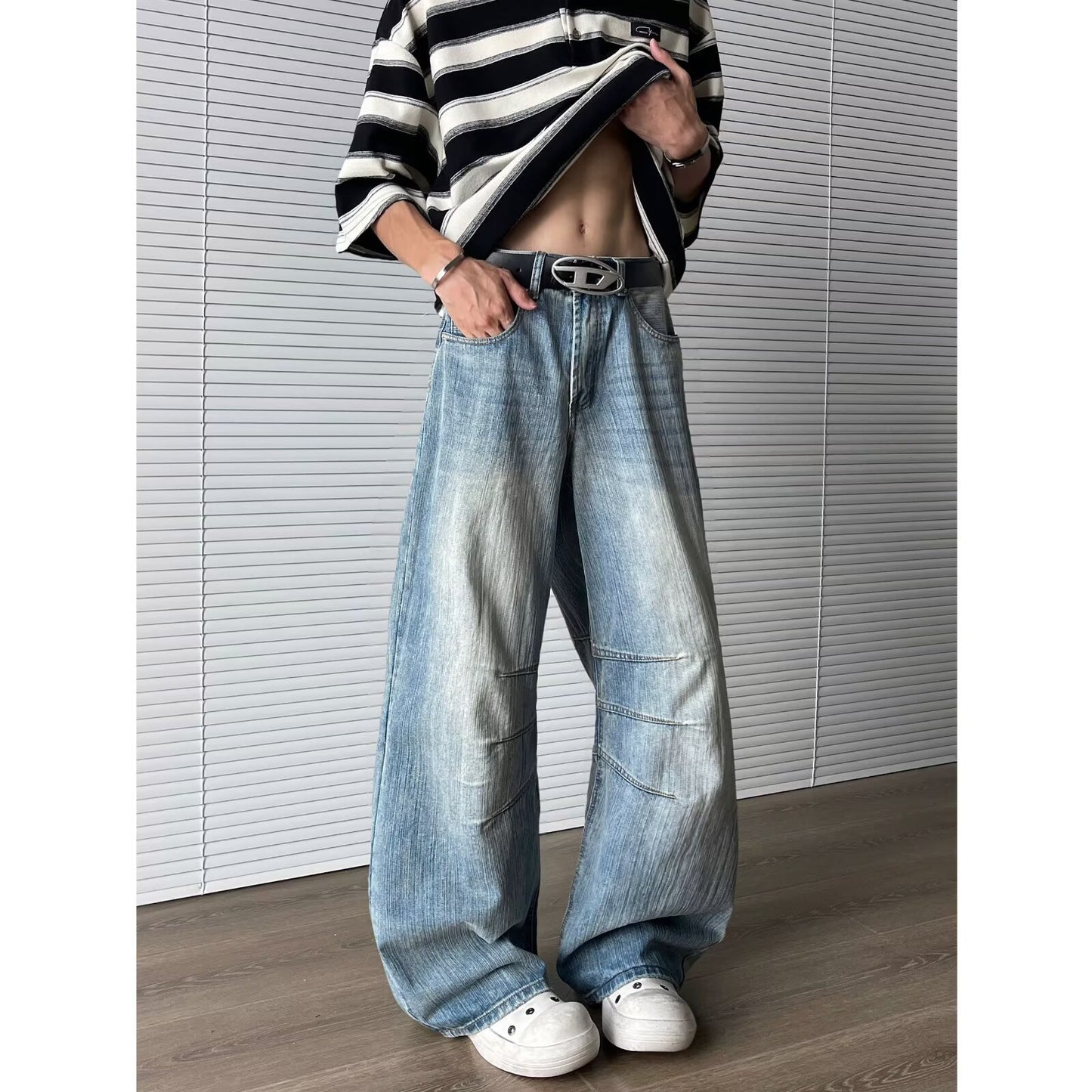 Bamboo Patterned Curved Knife Denim Loose Wide Leg Pants