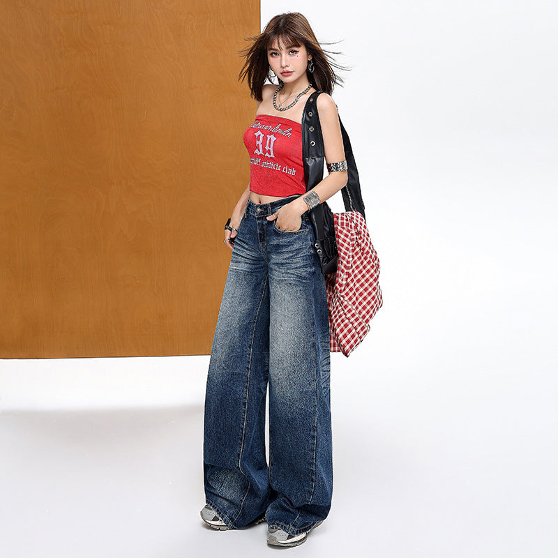 High Street Wrinkled Denim Pants for Women - Loose Drape Wide-Leg Trousers
