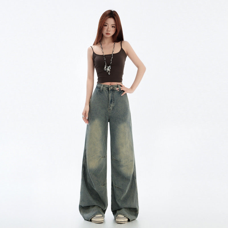 Blue Wide Leg Jeans with Deconstructed Design - Women's Straight Leg Denim Pants