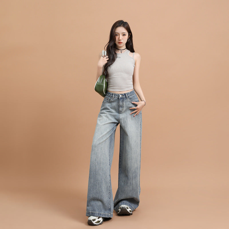 Bamboo Knot Pattern Loose Wide Leg Denim Pants for Women – Retro Straight Trousers