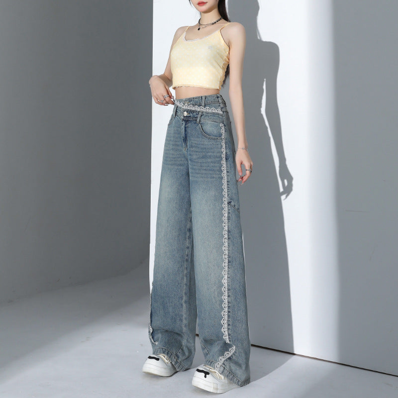 Lace Hem Spliced Denim Pants for Women – Irregular Loose Straight Wide Leg Design