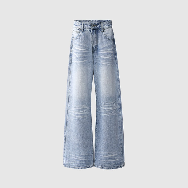 Summer Loose Straight Leg Commuting Pants in Washed Blue Denim