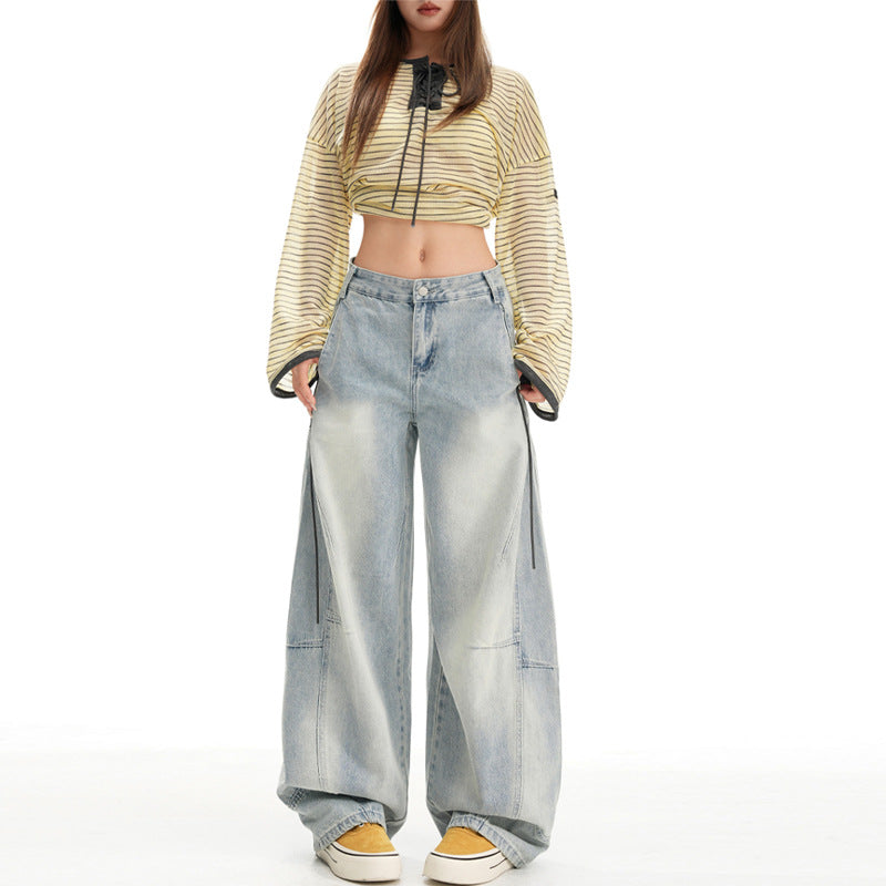 Retro Slouchy Denim Pants for Women - Loose, Flowy Patchwork Design