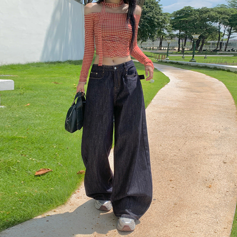 Original Color Denim Pants for Women - Loose High Waist Slimming Versatile Wide Leg Floor-Length Pants