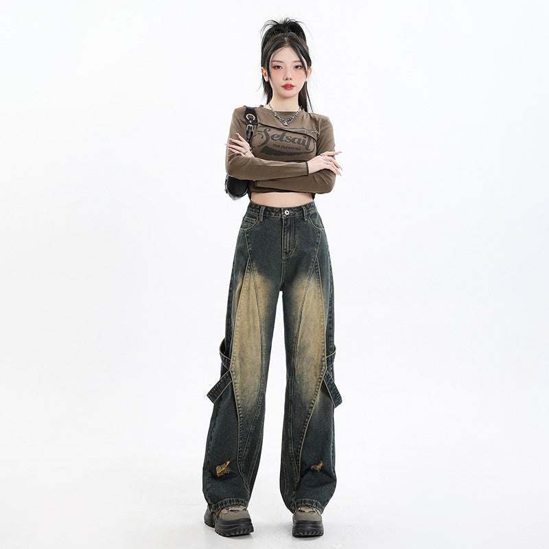 Women's High Waist Loose Fit Denim Pants - Wide Leg Style