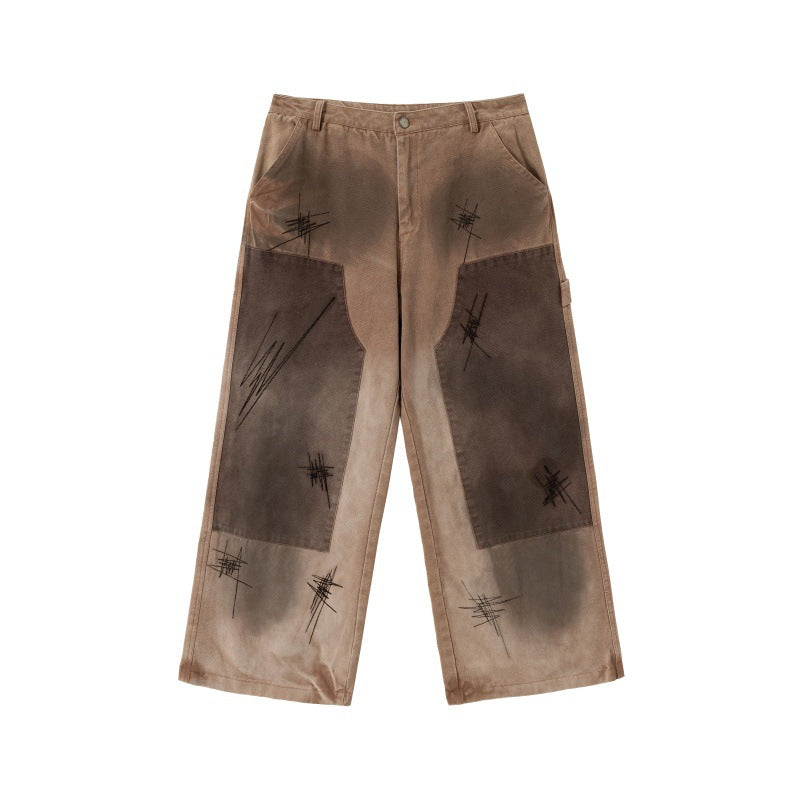 Scratched Patchwork Cold Transfer Printing Loose Straight Leg Jeans for Men