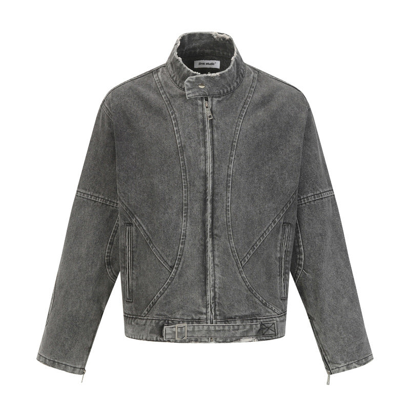Vintage Washed Distressed Deconstructed Denim Jacket for Men - Minimalist Street Style Design