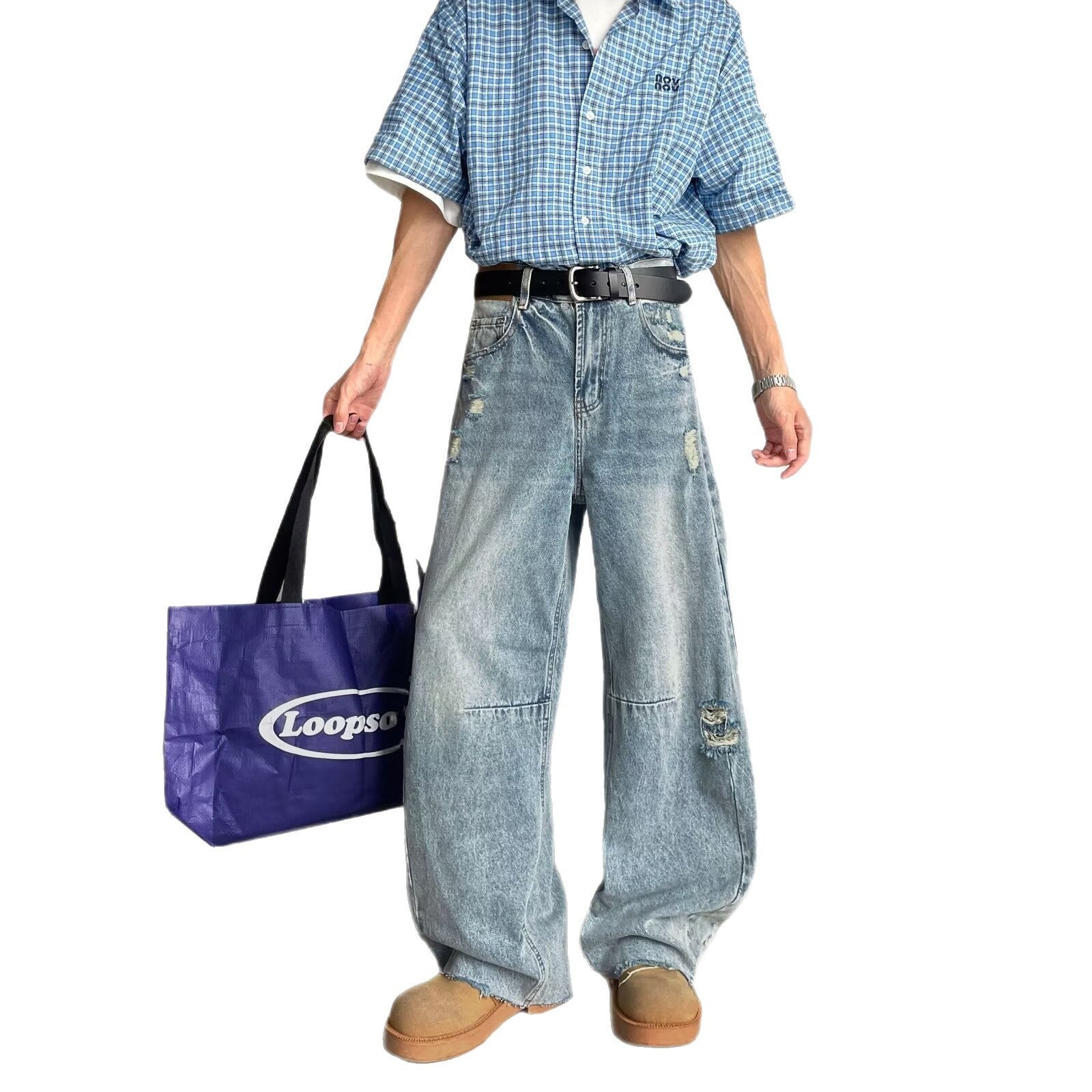 Ripped Denim Loose and Slimming Versatile Wide Leg Pants with Frayed Edges