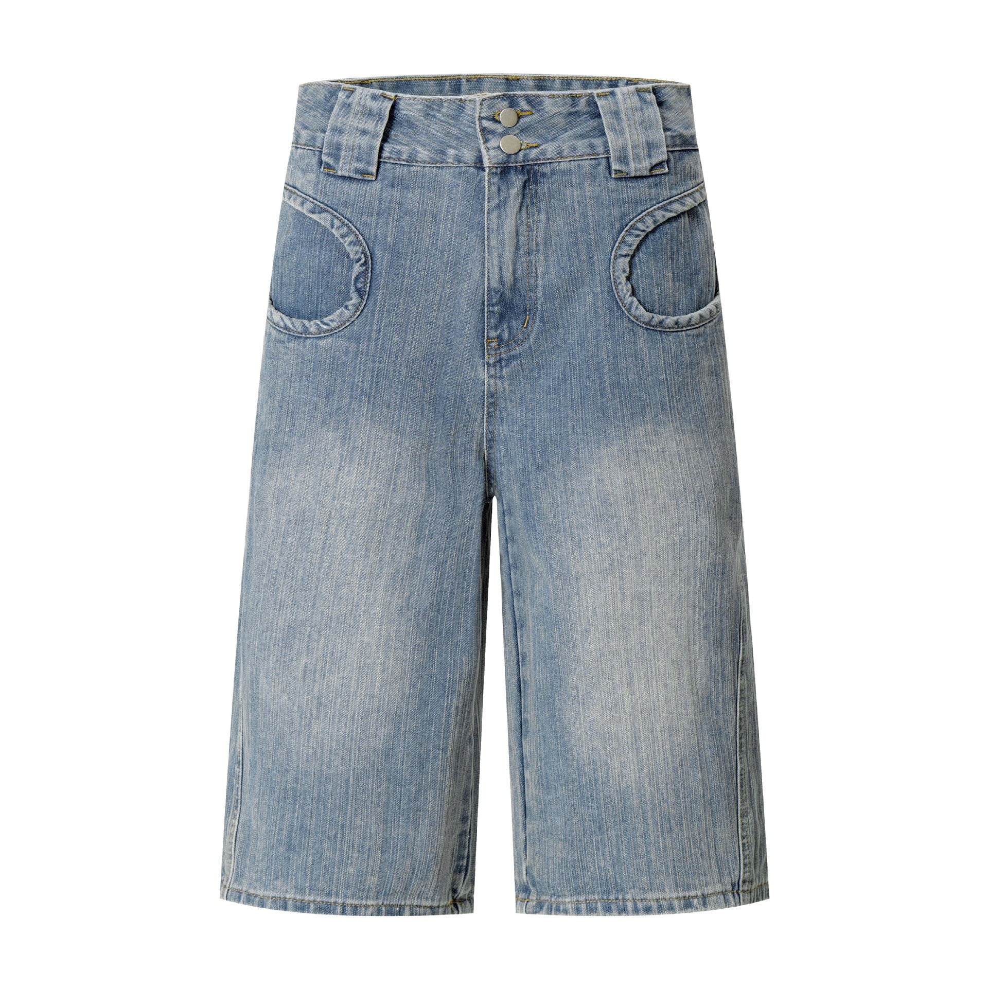 Street Style Washed Vintage Denim Shorts with Unique Pocket Design