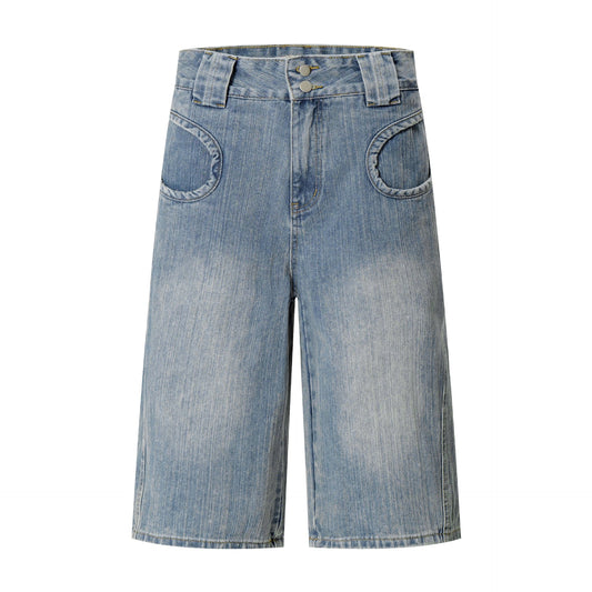 Street Style Washed Vintage Denim Shorts with Unique Pocket Design