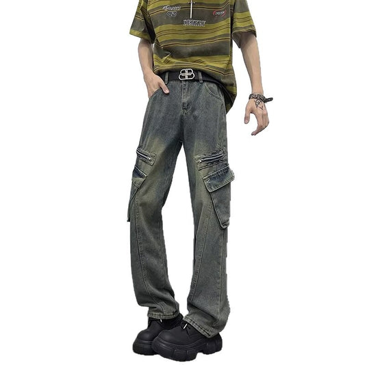 Multi Pocket Zipper Denim Distressed Workwear Straight Leg Pants