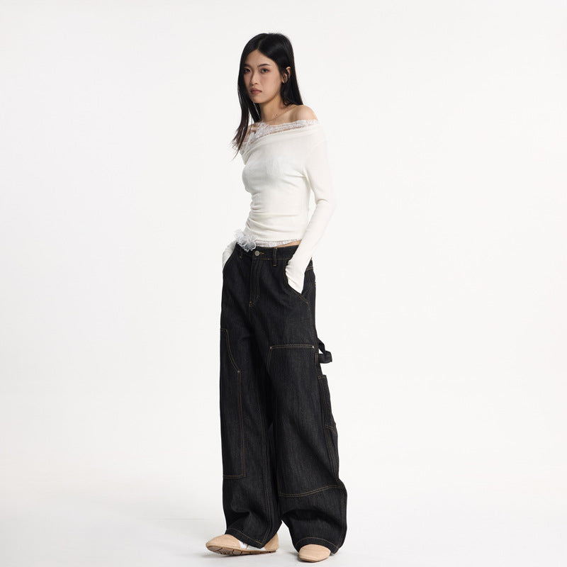 Women's Wide-Leg Original Black Denim Pants - Loose Casual Versatile Long Trousers