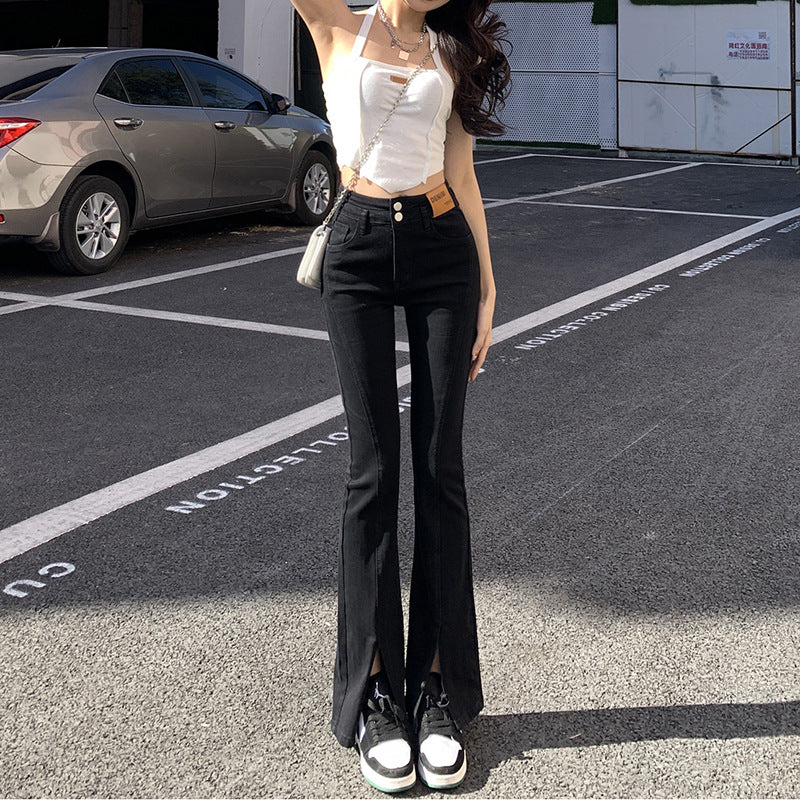 High Waist Straight Leg Tapered Double Buckle Flare Jeans