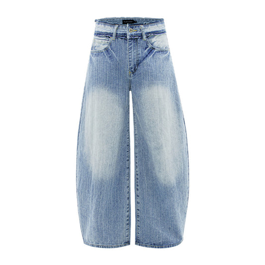 Washed Spliced Faded Tapered Denim Pants