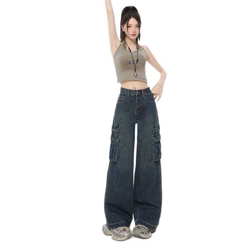 Street Retro Wide-Leg Jeans for Women - High-Waist Loose Straight Leg with Multi-Pocket Design