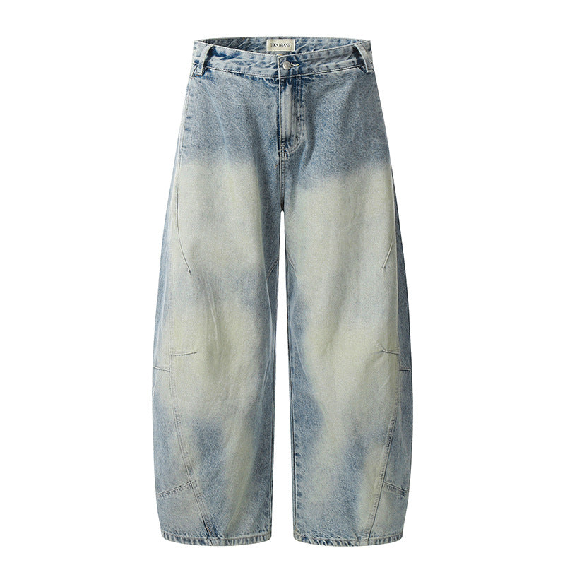 Wrinkle Splicing Lightning Pattern Washed White Jeans
