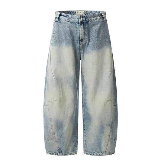 Wrinkle Splicing Lightning Pattern Washed White Jeans