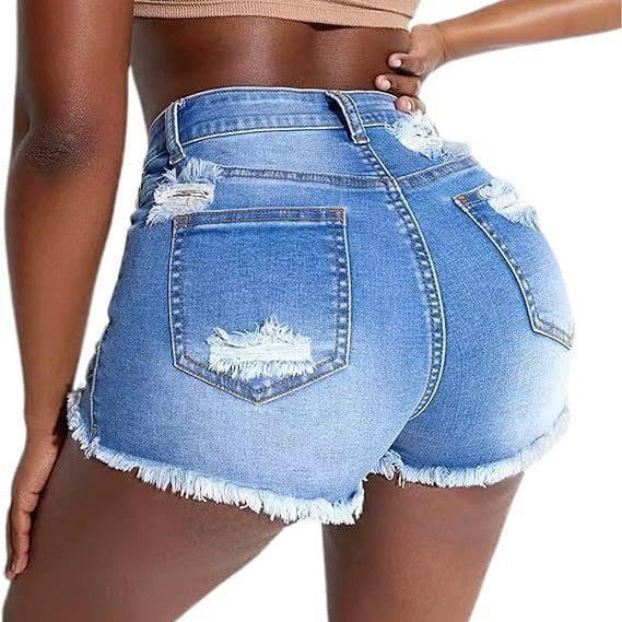 Hole-Trimmed High-Waisted Skinny Denim Shorts for Women - Fashionable Denim Pants