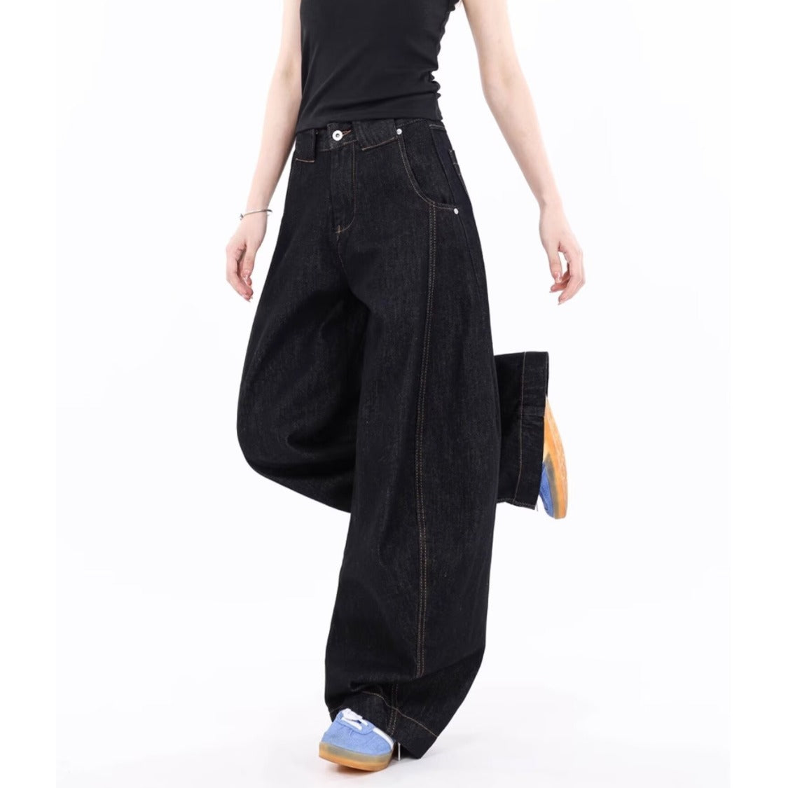 Retro Deconstructed Original Color Wide-Leg Jeans for Women