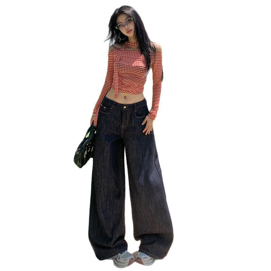 Original Color Denim Pants for Women - Loose High Waist Slimming Versatile Wide Leg Floor-Length Pants