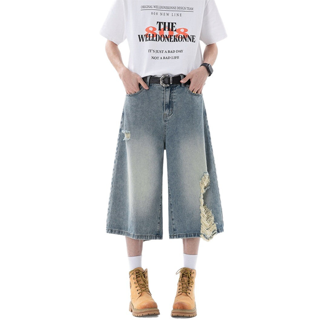 Men's Ripped Denim Cropped Pants - Summer Lightweight Design