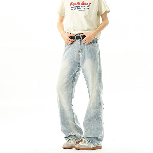 Retro Washed Hanging Straight Leg Jeans - Loose Light Blue Long Pants