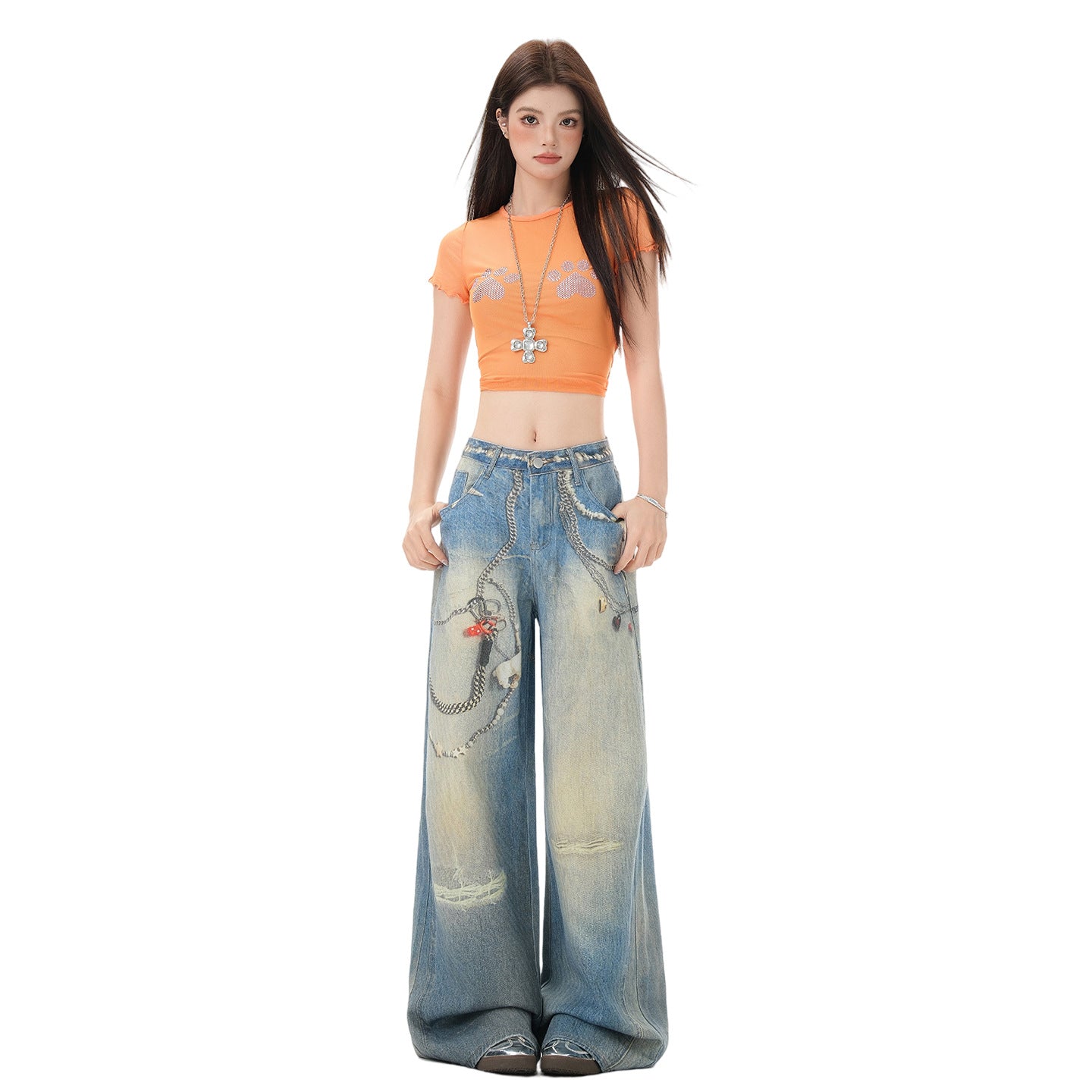 Women's Chain Print Denim Pants - Casual Hip-hop Style Loose Wide Leg Tapered Fit