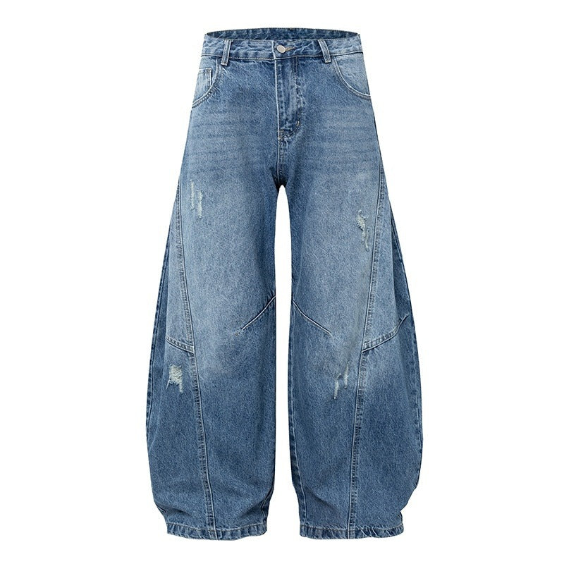 Retro Semi Elastic Waist Ripped Casual Wide Leg Pants