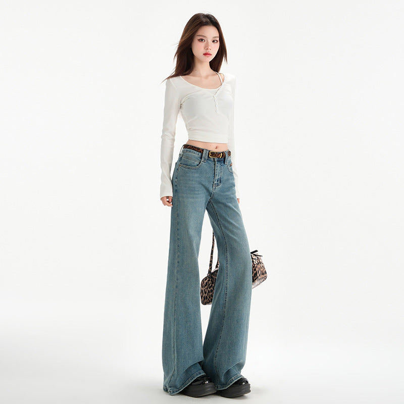 Retro Blue Non-tight Micro-flare Denim Pants for Women - Slimming Elegant Horseshoe Trousers