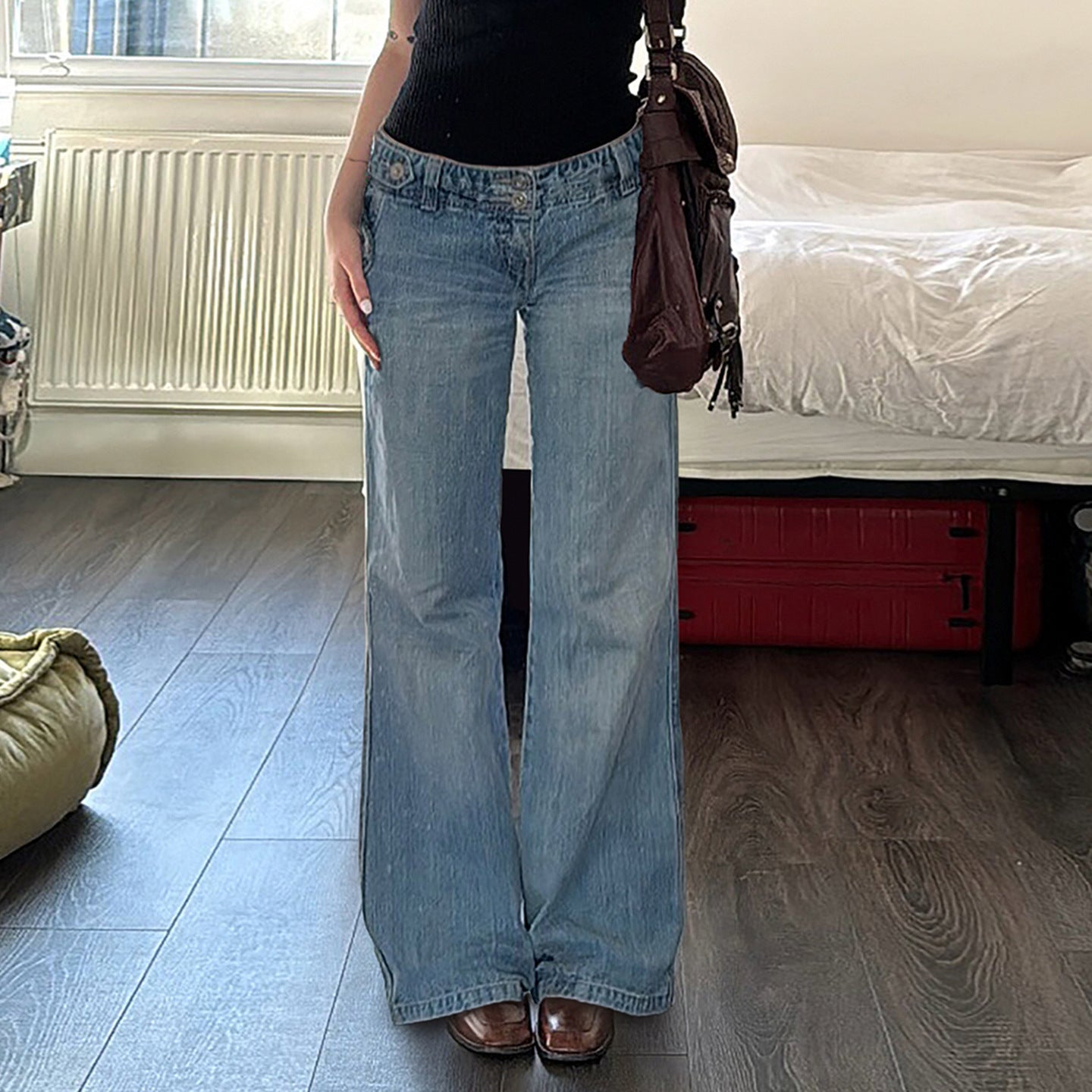 Washed Retro Blue Denim Wide Leg Slim Fit Low Waist Pants