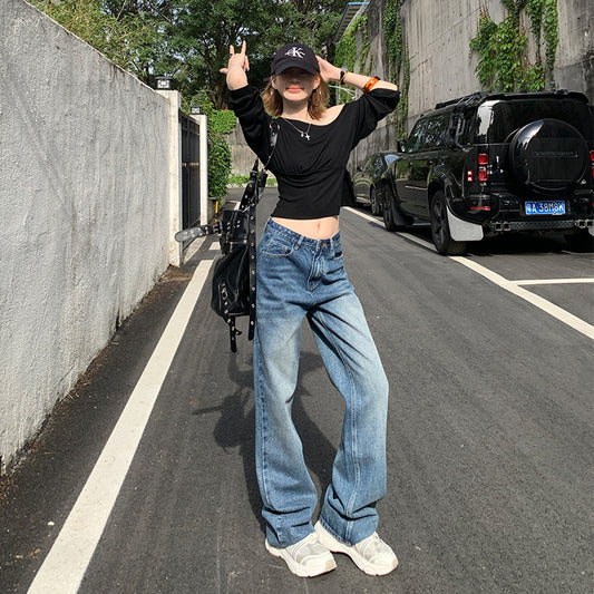 Retro Low-Waist Straight Leg Jeans for Women – Loose Slim Design