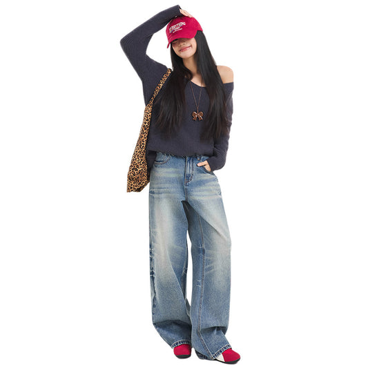 Women's Vintage Blue High Waist Wide-Leg Denim Pants