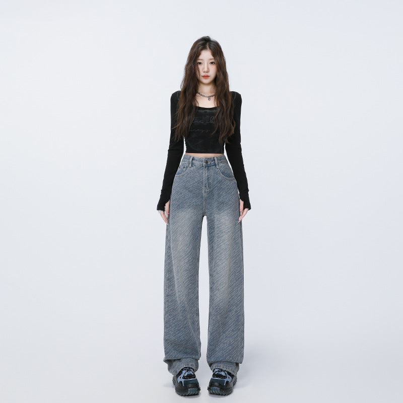 Style Meteor Texture Jacquard Denim Pants for Women - High Waist Straight Loose Slim Fit Wide Leg Trousers