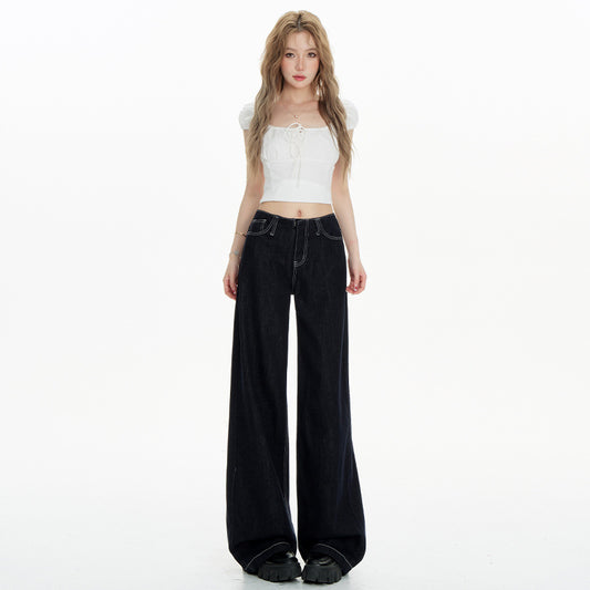 Women's Denim Wide-Leg Jeans - Low-Waist Loose Slim Straight Ankle-Length Pants