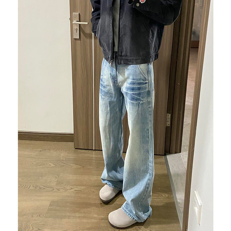 Washed Light Blue Denim Versatile Loose Straight Leg Pants