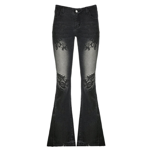 Retro Plant Print Washed Water Slim Fit and Slimming Flared Jeans