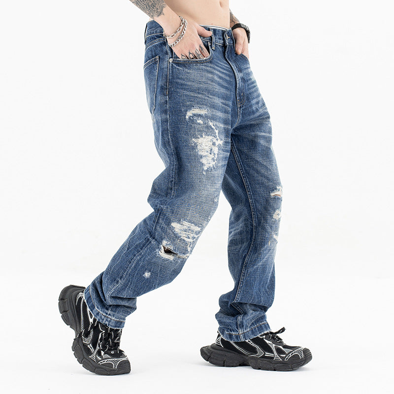 Men's Water-Washed Distressed Straight Jeans with Loose Wide Legs