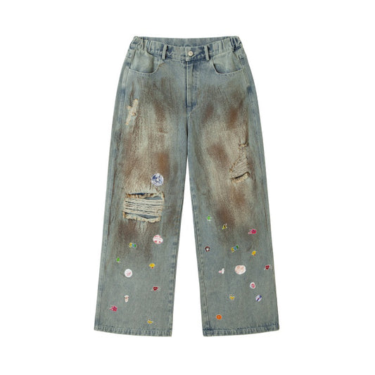 Japanese Retro Splashed Ink Ripped Jeans - Loose Fit Denim Pants