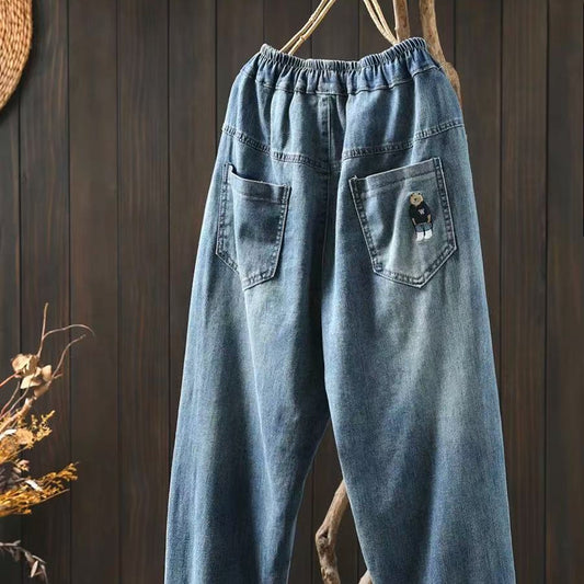 Thin Blue Denim Harem Pants for Women - Loose and Slimming Casual Nine-Point Pants