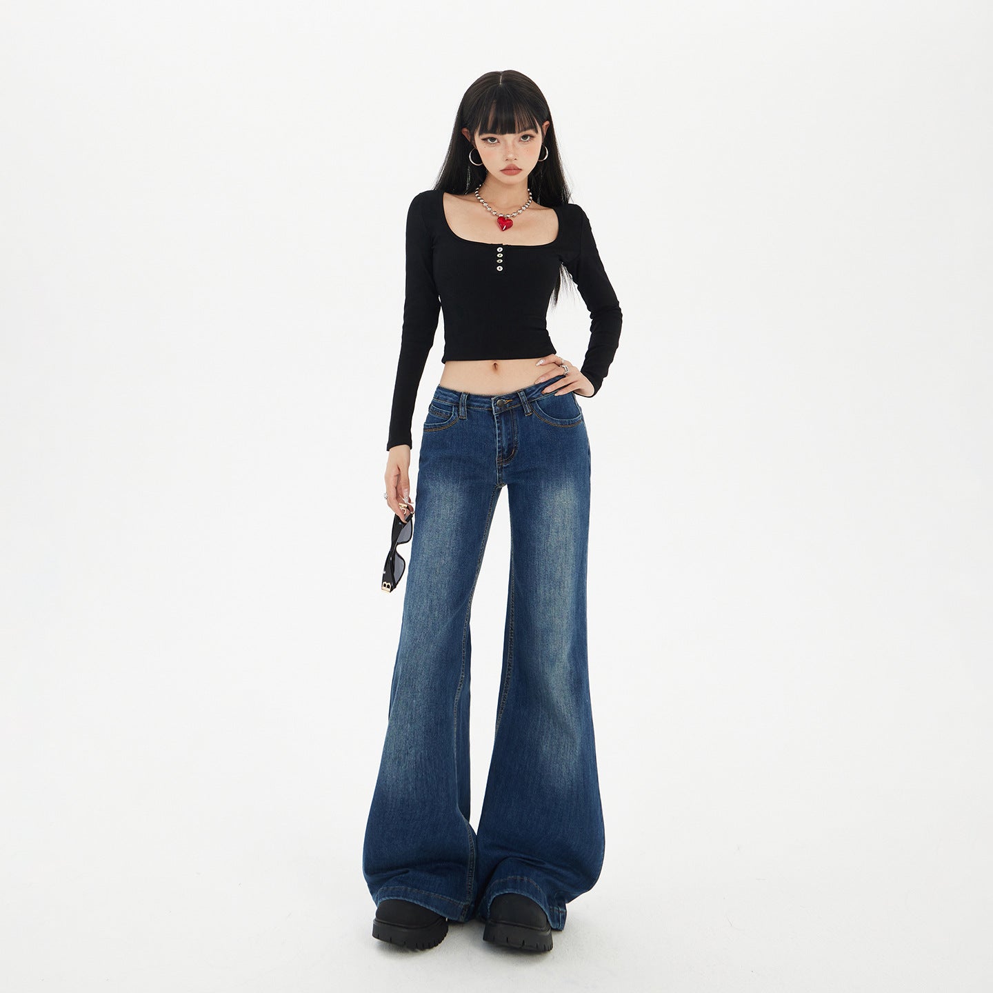 Blue Low-Waist Flared Jeans for Women - Casual Versatile Hanging Flared Pants